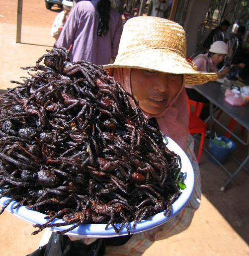 A spider seller in Cambodia